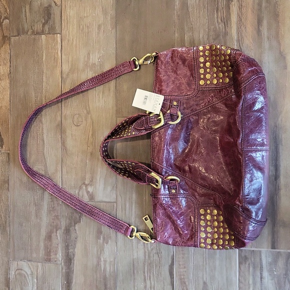 Steven Steve Madden Oversized Studded Leather Satchel Crossbody Bag in Rasberry - Picture 2 of 16
